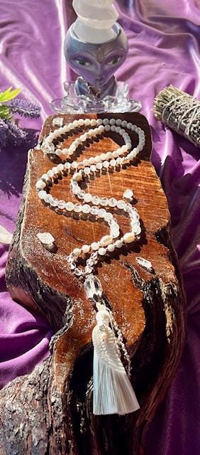 Angelic Light 108 Mala Moonstone, Selenite, clear quartz, pearls, angel wing, feminine yogi gift