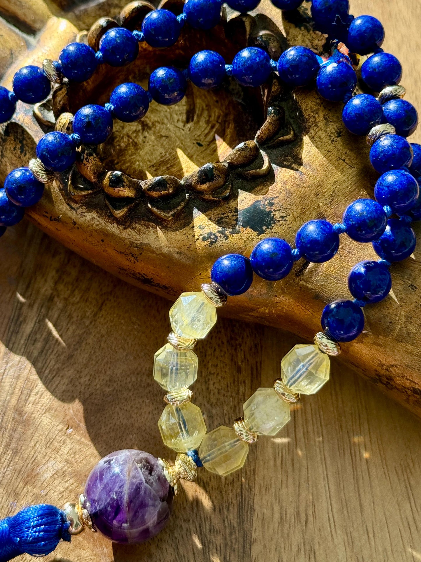 Sacred Codes 45 Bead japa Mala Lapis Lazuli  Citrine Dreamy Amethyst with Gold Accents
