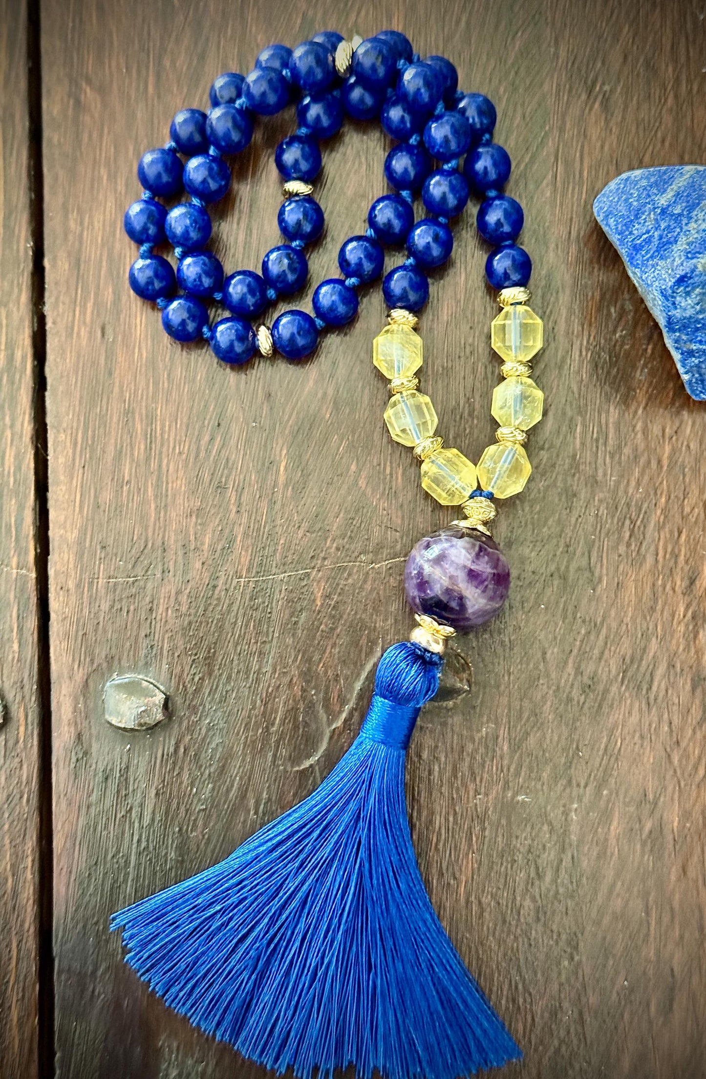 Sacred Codes 45 Bead japa Mala Lapis Lazuli  Citrine Dreamy Amethyst with Gold Accents
