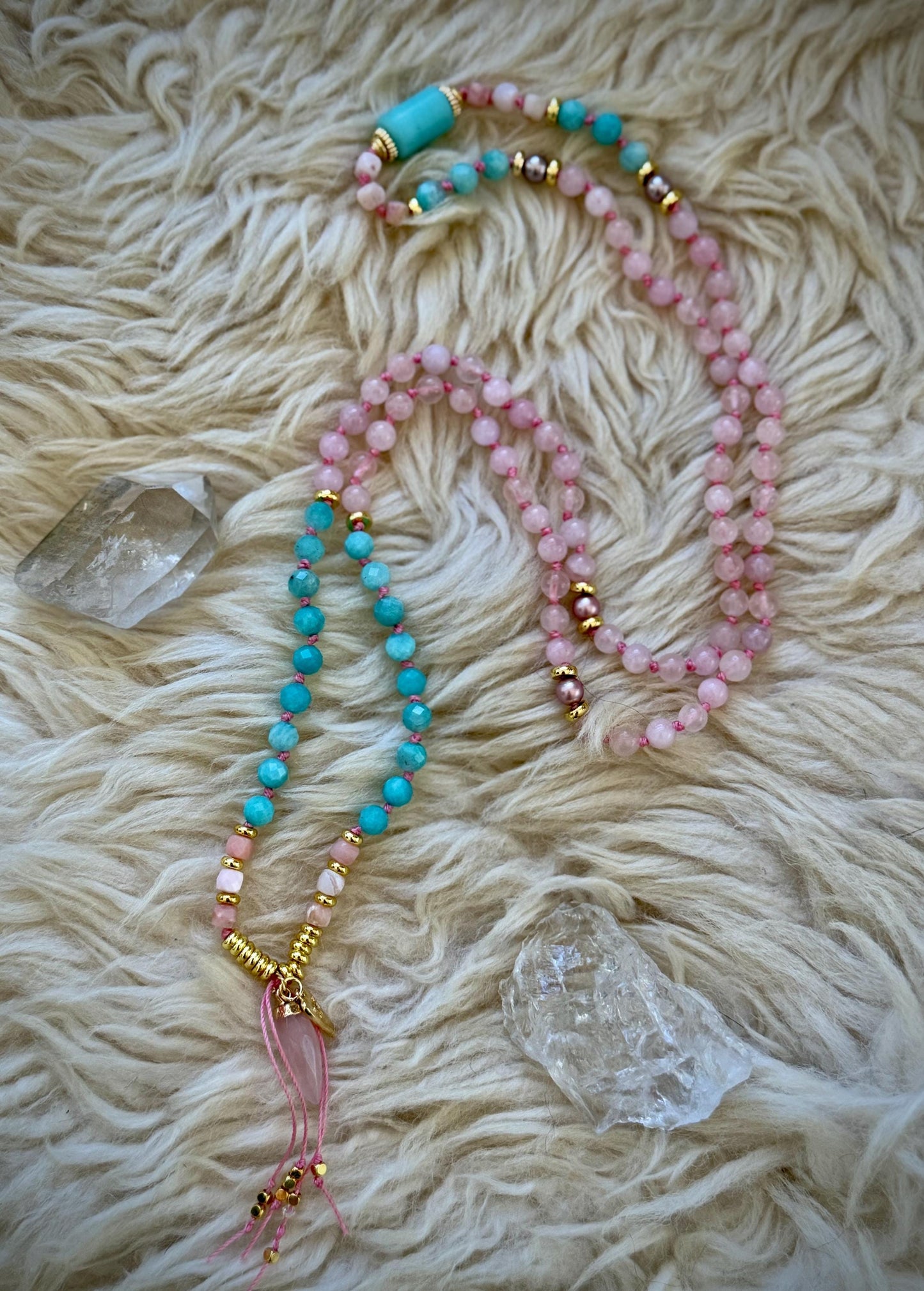 The Heart of Courage Rose Quartz Amazonite Pink Opal 108 Mala