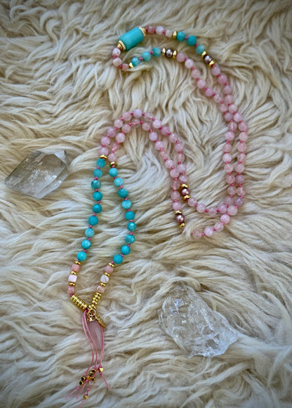The Heart of Courage Rose Quartz Amazonite Pink Opal 108 Mala