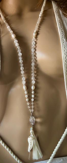Angelic Light 108 Mala Moonstone, Selenite, clear quartz, pearls, angel wing, feminine yogi gift