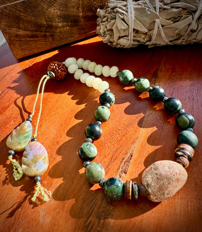 Patcha Mama 27 bead Mini pocket Mala: Earth’s Embrace in Hand-Knotted Jasper, Suevite & Agate