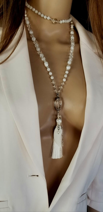 Angelic Light 108 Mala Moonstone, Selenite, clear quartz, pearls, angel wing, feminine yogi gift