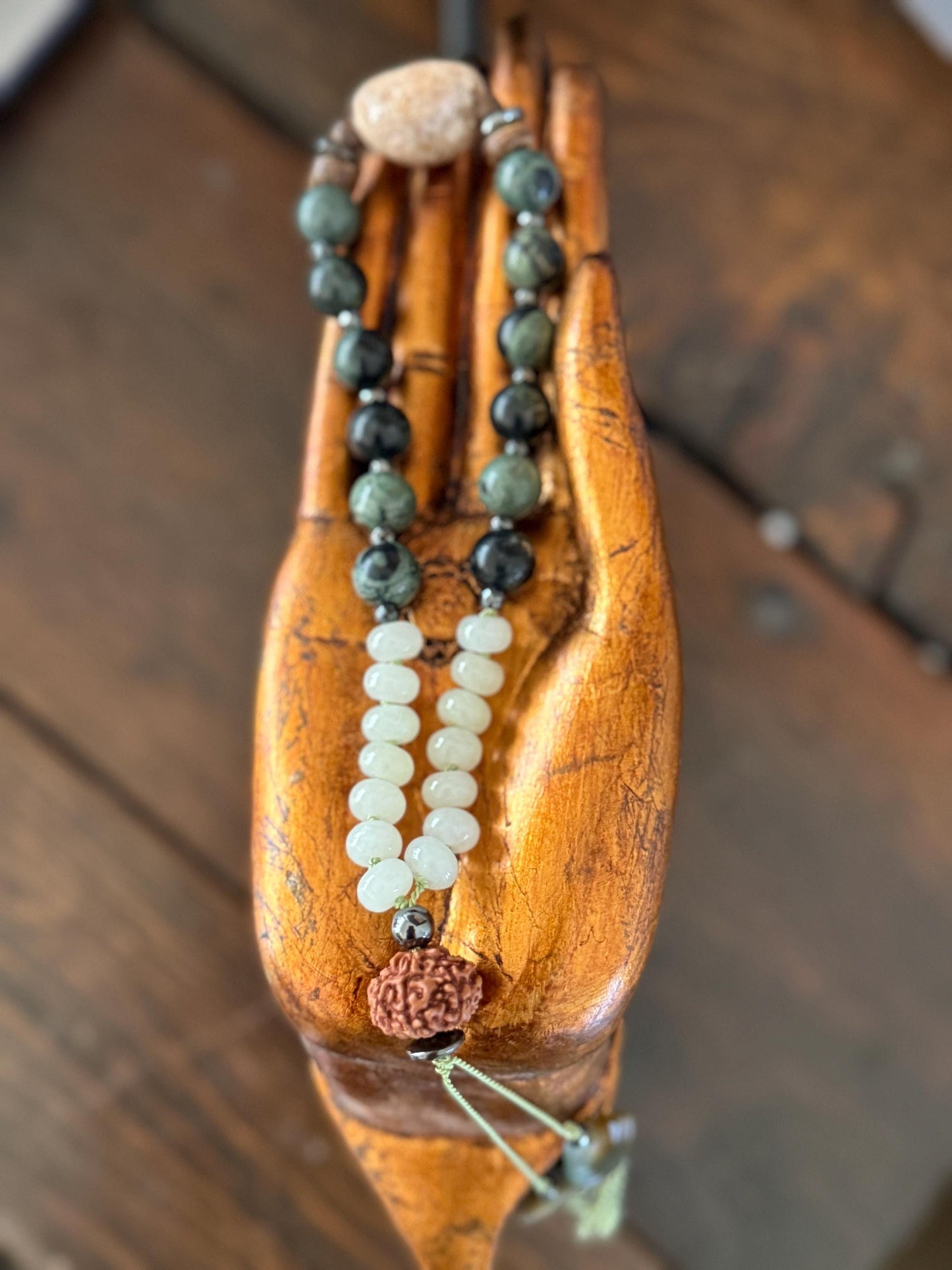 Patcha Mama 27 bead Mini pocket Mala: Earth’s Embrace in Hand-Knotted Jasper, Suevite & Agate