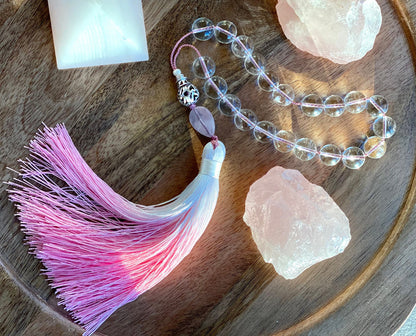 Clear Quartz Komboloi: Sterling Silver, Rose Quartz & Silk Tassel Worry Beads