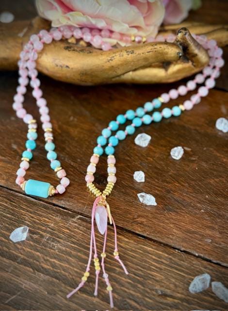 The Heart of Courage Rose Quartz Amazonite Pink Opal 108 Mala
