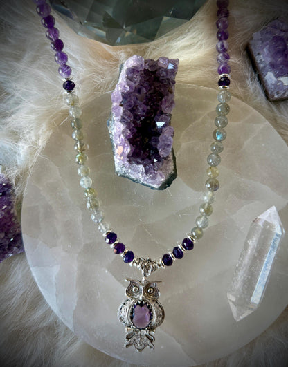 Amethyst Owl Necklace, Labradorite Gemstone, Sterling Silver