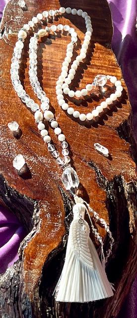 Angelic Light 108 Mala Moonstone, Selenite, clear quartz, pearls, angel wing, feminine yogi gift