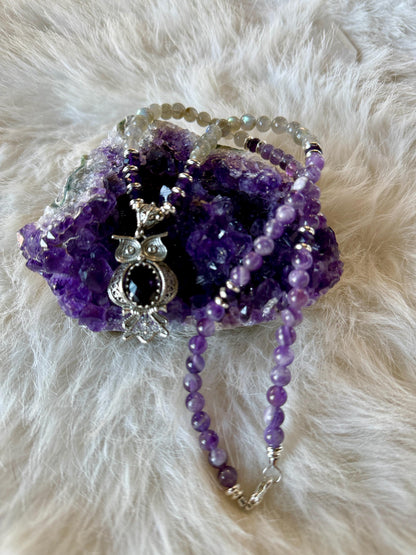 Amethyst Owl Necklace, Labradorite Gemstone, Sterling Silver
