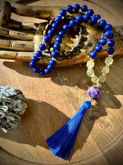Sacred Codes 45 Bead japa Mala Lapis Lazuli  Citrine Dreamy Amethyst with Gold Accents