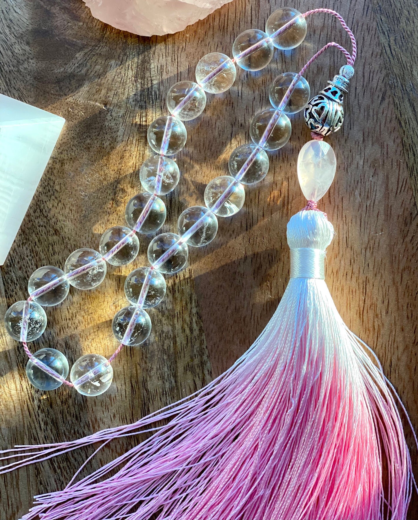 Clear Quartz Komboloi: Sterling Silver, Rose Quartz & Silk Tassel Worry Beads