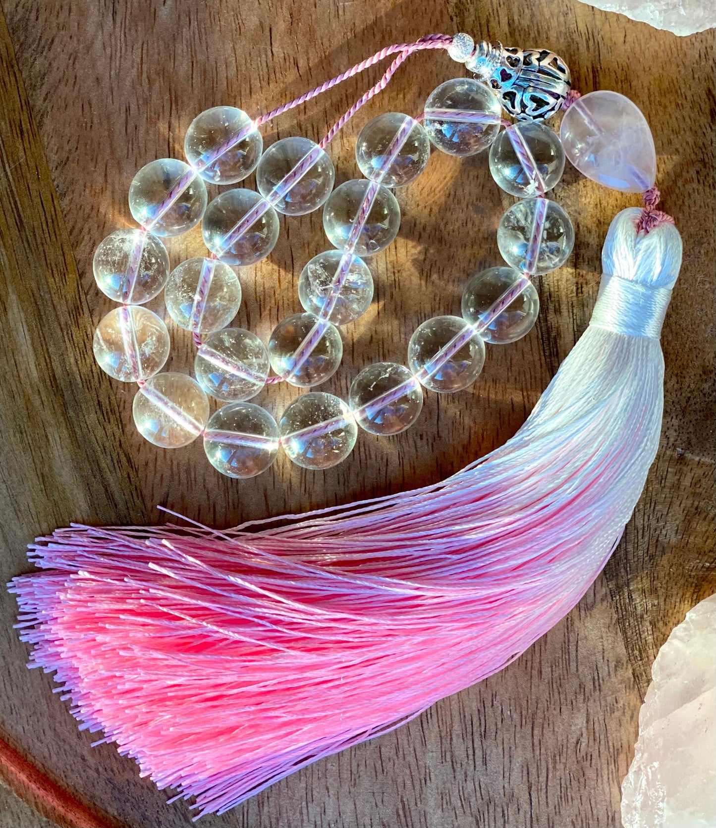 Clear Quartz Komboloi: Sterling Silver, Rose Quartz & Silk Tassel Worry Beads