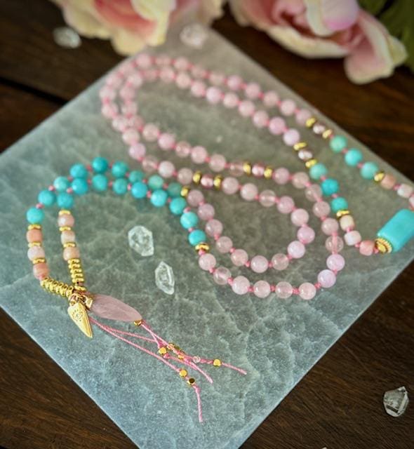 The Heart of Courage Rose Quartz Amazonite Pink Opal 108 Mala