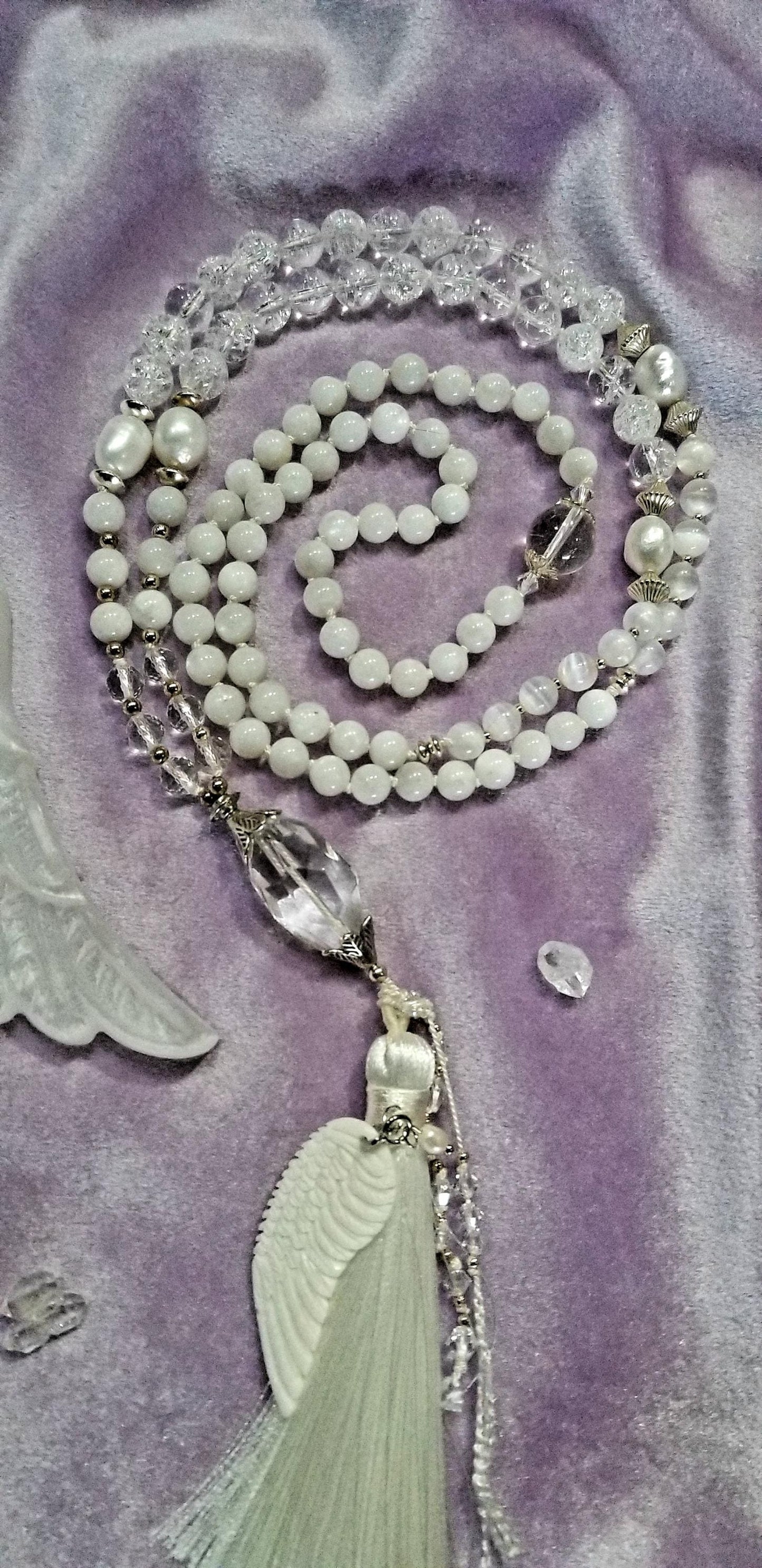 Angelic Light 108 Mala Moonstone, Selenite, clear quartz, pearls, angel wing, feminine yogi gift