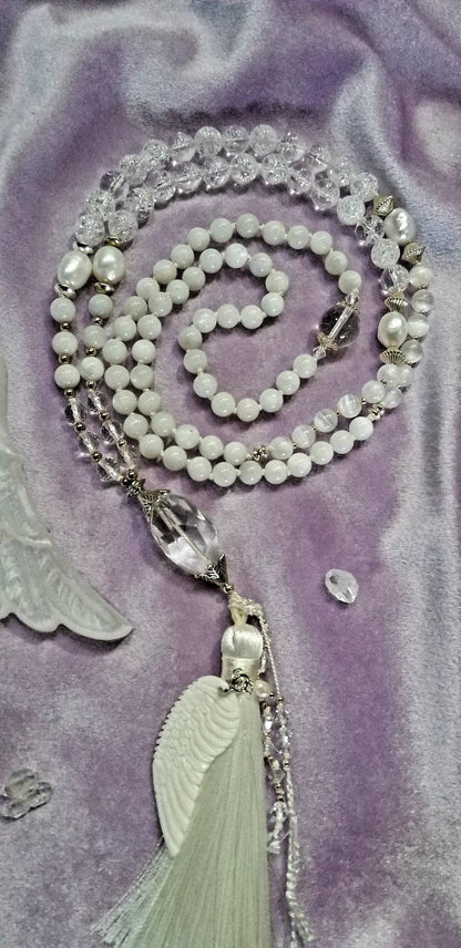 Angelic Light 108 Mala Moonstone, Selenite, clear quartz, pearls, angel wing, feminine yogi gift