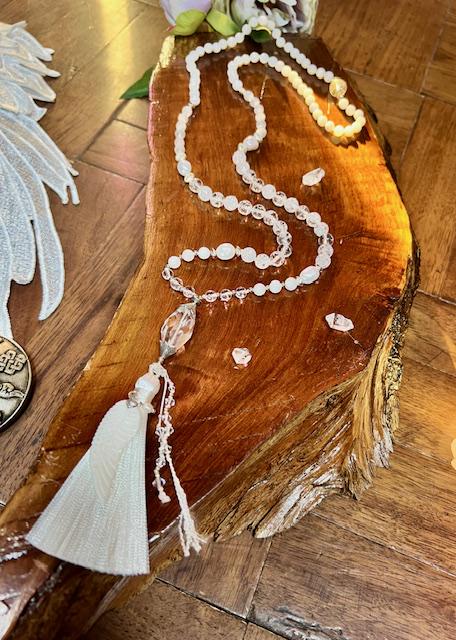 Angelic Light 108 Mala Moonstone, Selenite, clear quartz, pearls, angel wing, feminine yogi gift