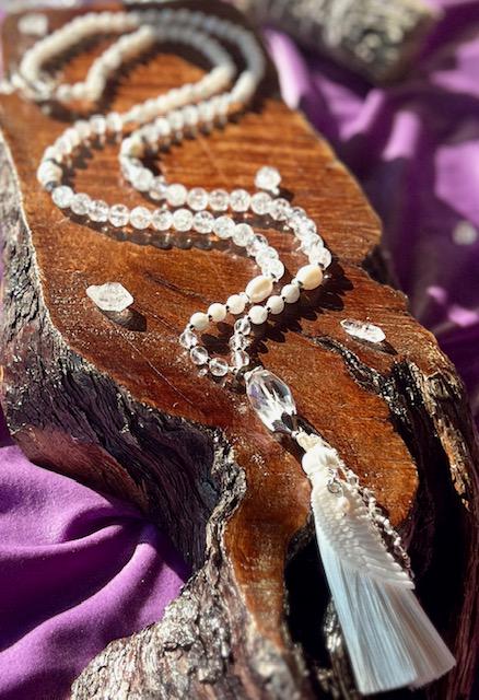 Angelic Light 108 Mala Moonstone, Selenite, clear quartz, pearls, angel wing, feminine yogi gift
