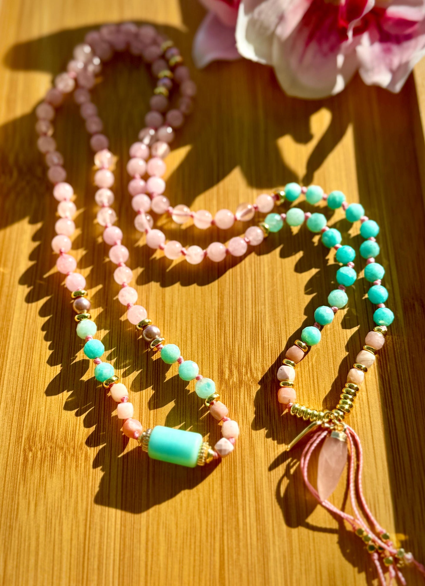 The Heart of Courage Rose Quartz Amazonite Pink Opal 108 Mala