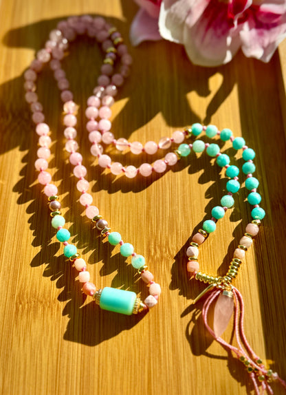 The Heart of Courage Rose Quartz Amazonite Pink Opal 108 Mala