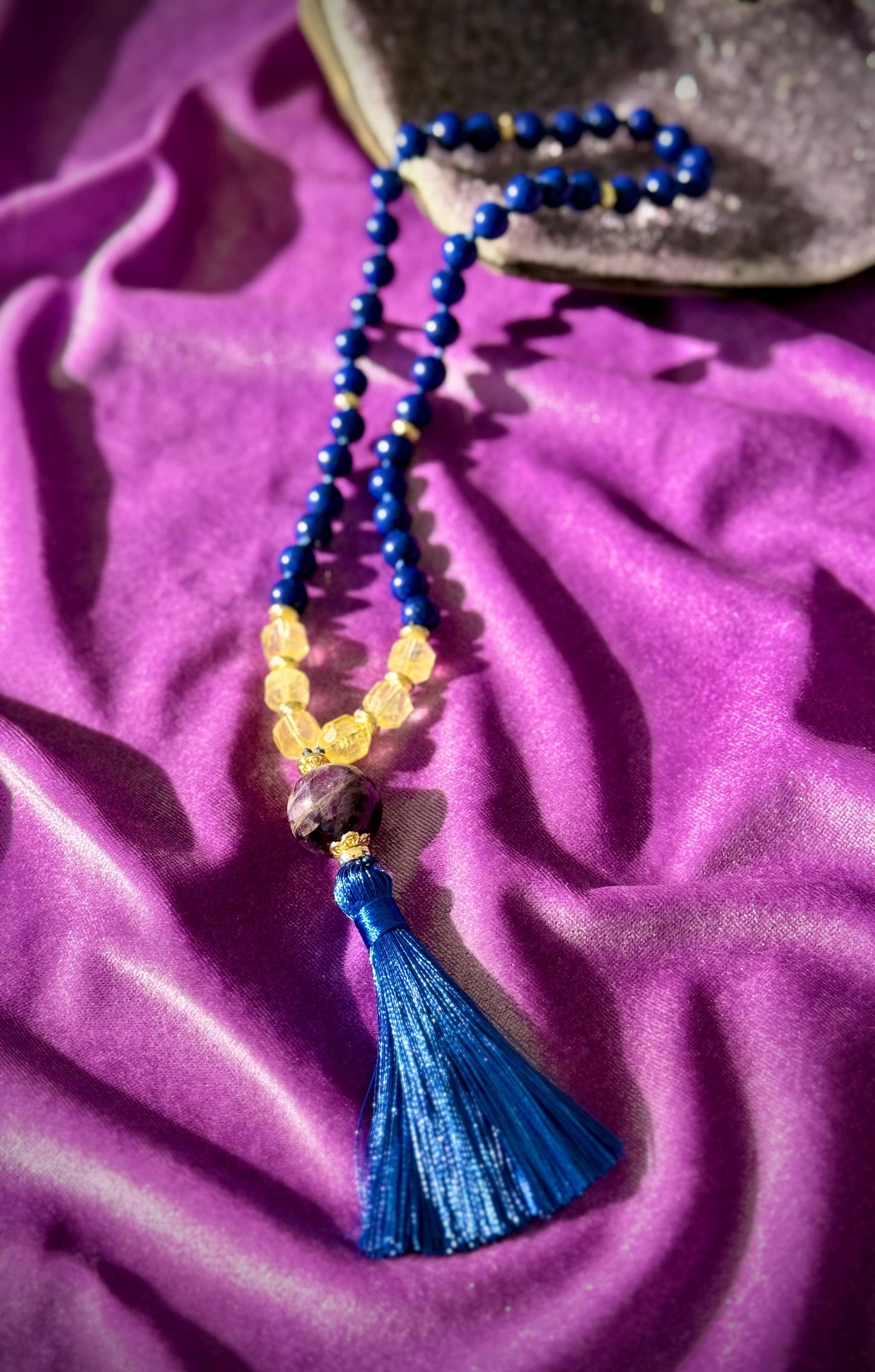 Sacred Codes 45 Bead japa Mala Lapis Lazuli  Citrine Dreamy Amethyst with Gold Accents