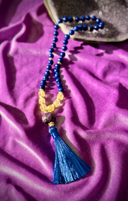 Sacred Codes 45 Bead japa Mala Lapis Lazuli  Citrine Dreamy Amethyst with Gold Accents