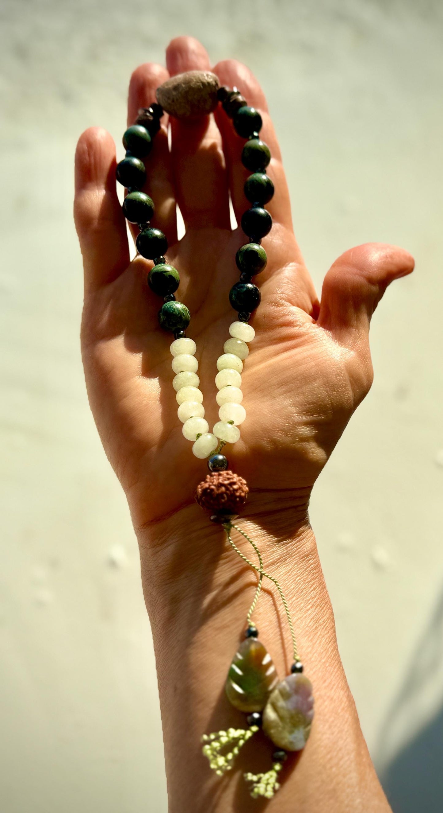 Patcha Mama 27 bead Mini pocket Mala: Earth’s Embrace in Hand-Knotted Jasper, Suevite & Agate