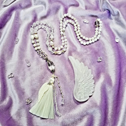 Angelic Light 108 Mala Moonstone, Selenite, clear quartz, pearls, angel wing, feminine yogi gift