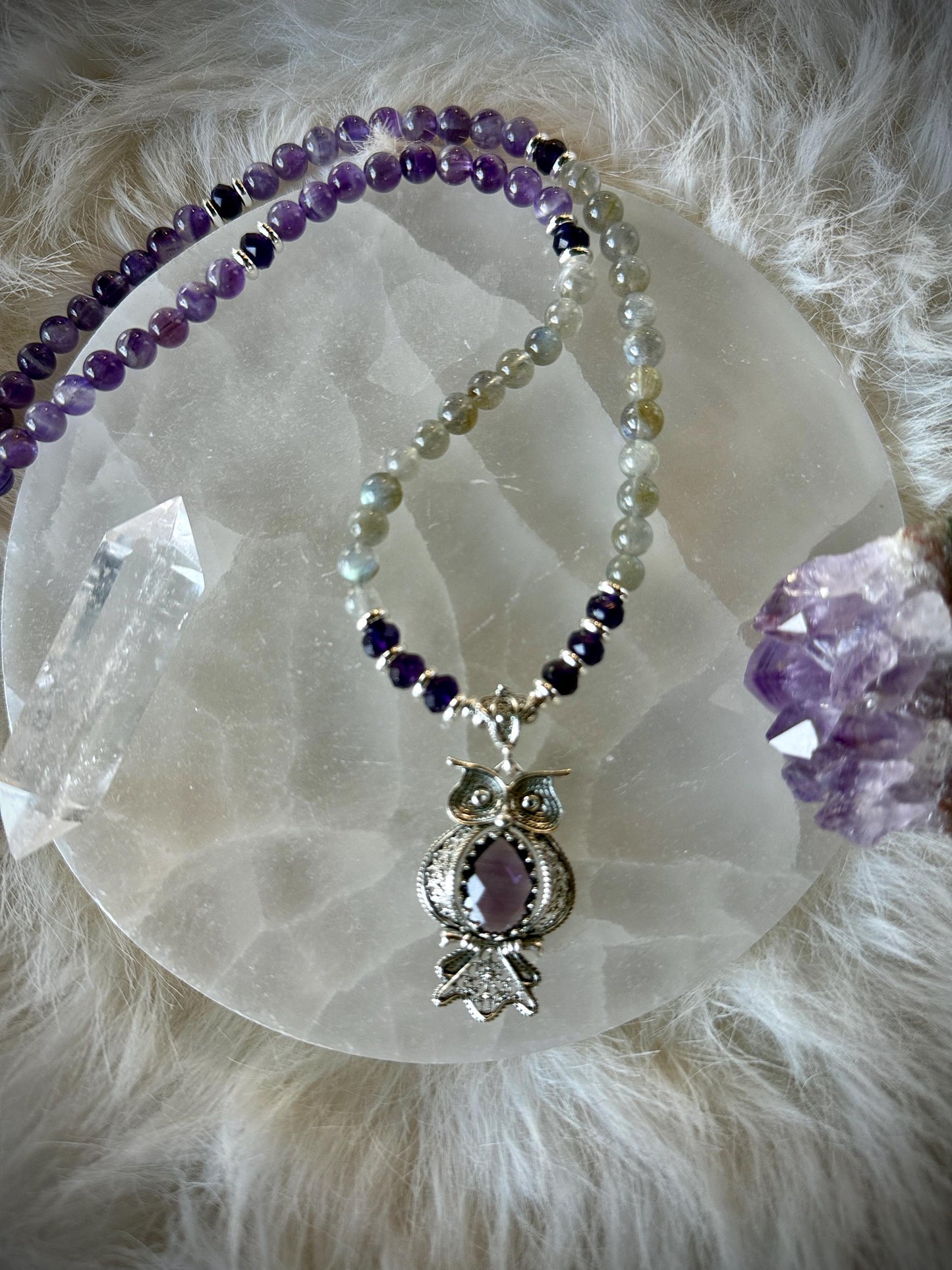 Amethyst Owl Necklace, Labradorite Gemstone, Sterling Silver