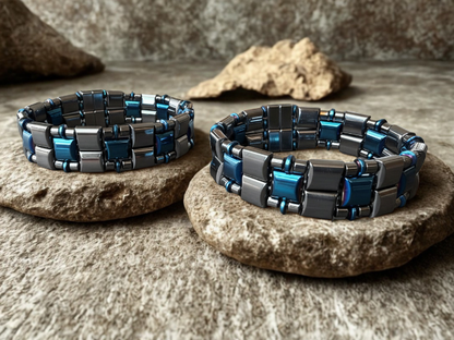 Quad- Strength Gunmetal and Blue Hematite Magnetic Bracelet