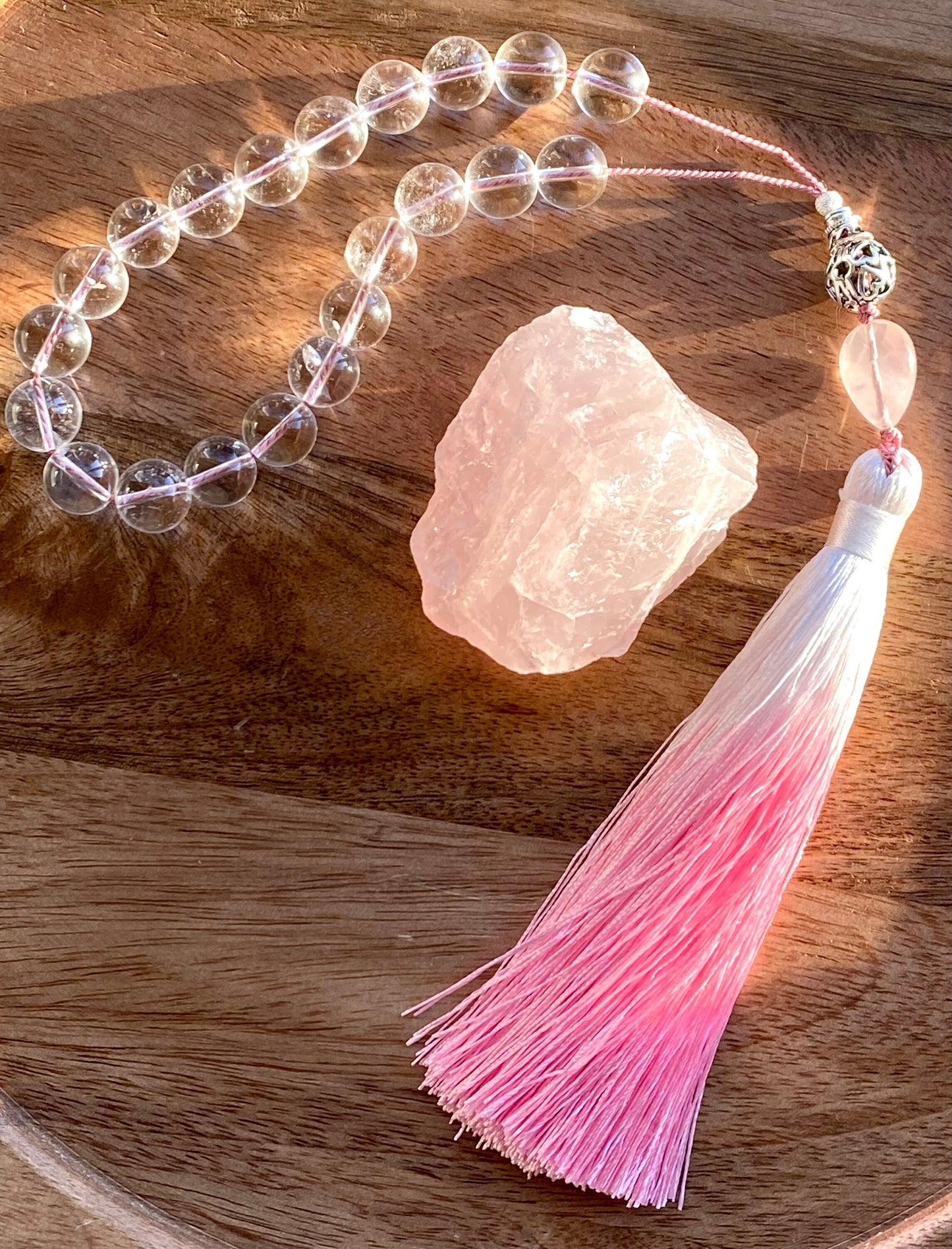Clear Quartz Komboloi: Sterling Silver, Rose Quartz & Silk Tassel Worry Beads
