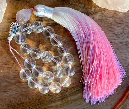 Clear Quartz Komboloi: Sterling Silver, Rose Quartz & Silk Tassel Worry Beads