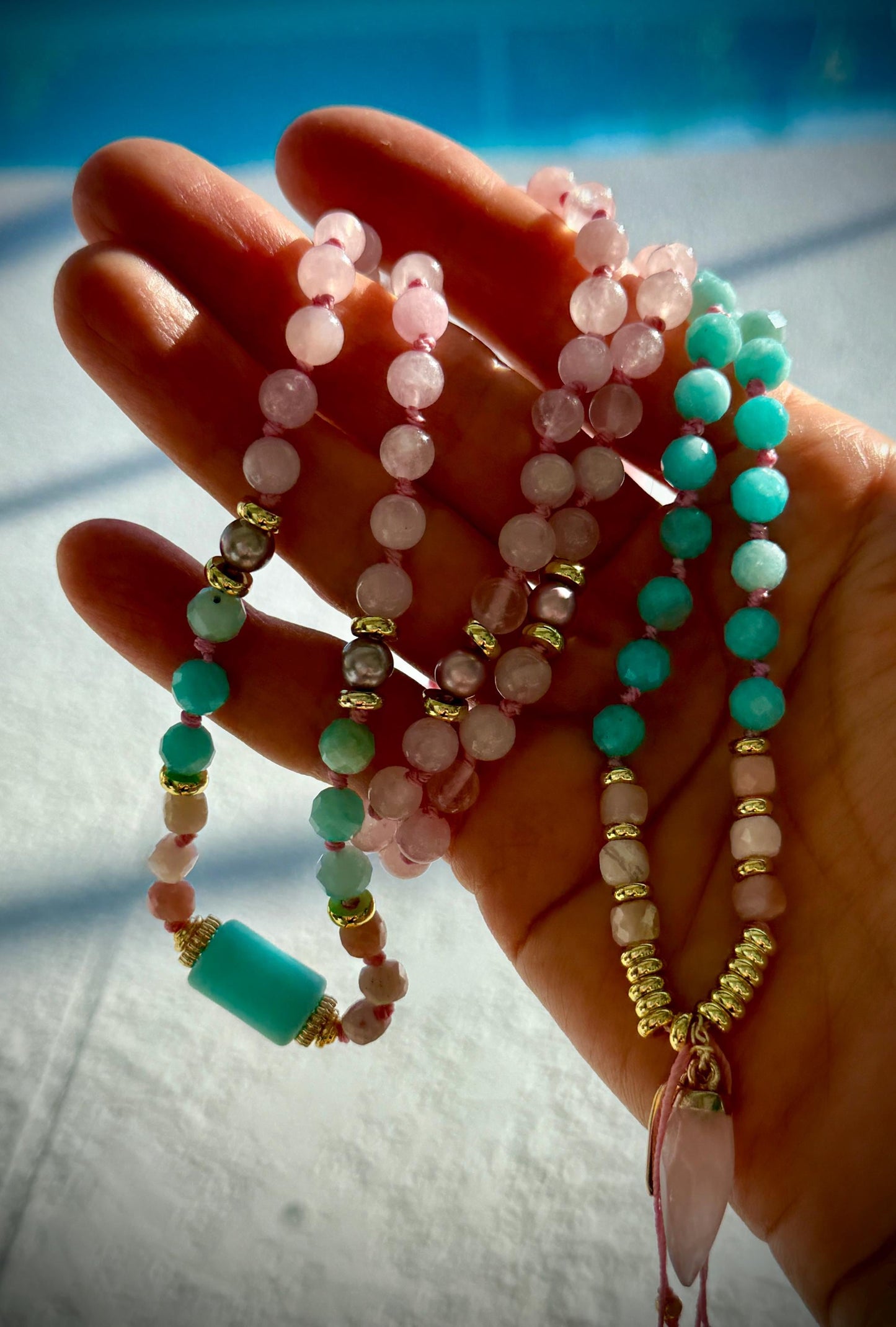 The Heart of Courage Rose Quartz Amazonite Pink Opal 108 Mala