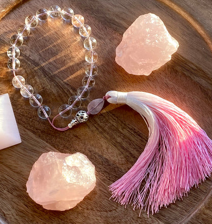 Clear Quartz Komboloi: Sterling Silver, Rose Quartz & Silk Tassel Worry Beads