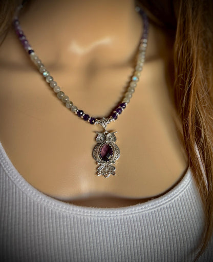 Amethyst Owl Necklace, Labradorite Gemstone, Sterling Silver