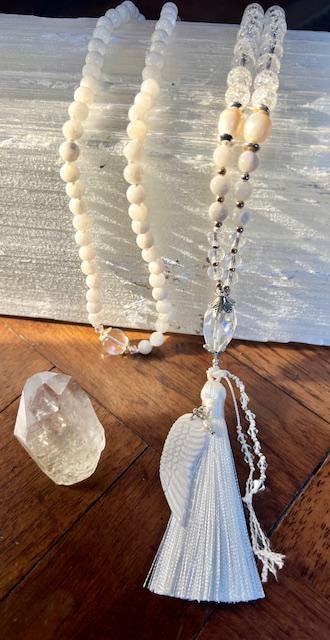 Angelic Light 108 Mala Moonstone, Selenite, clear quartz, pearls, angel wing, feminine yogi gift