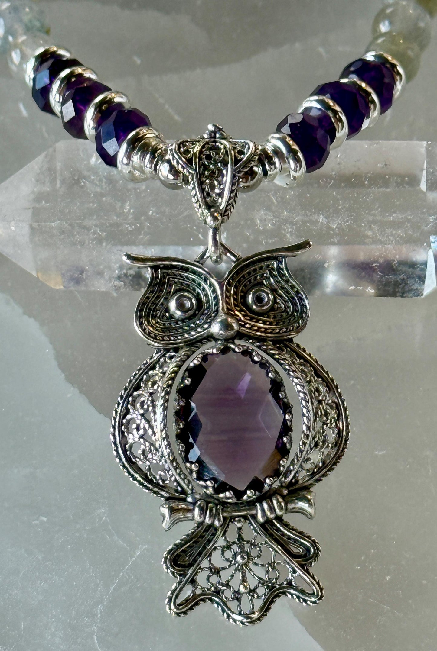 Amethyst Owl Necklace, Labradorite Gemstone, Sterling Silver