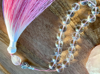 Clear Quartz Komboloi: Sterling Silver, Rose Quartz & Silk Tassel Worry Beads