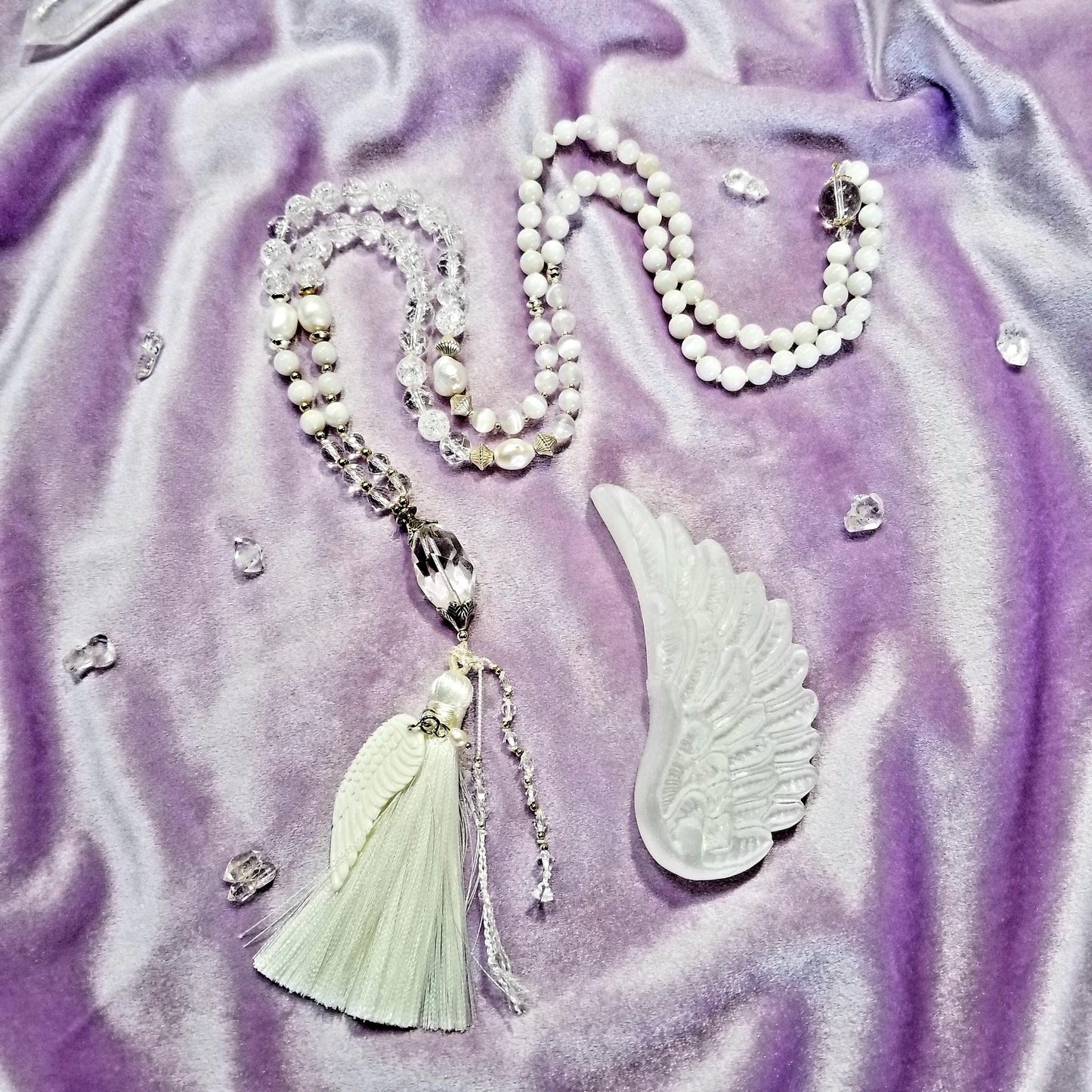 Angelic Light 108 Mala Moonstone, Selenite, clear quartz, pearls, angel wing, feminine yogi gift