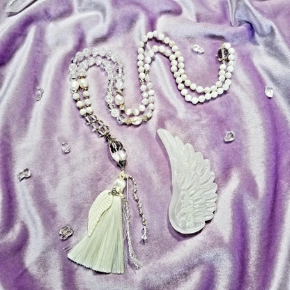 Angelic Light 108 Mala Moonstone, Selenite, clear quartz, pearls, angel wing, feminine yogi gift