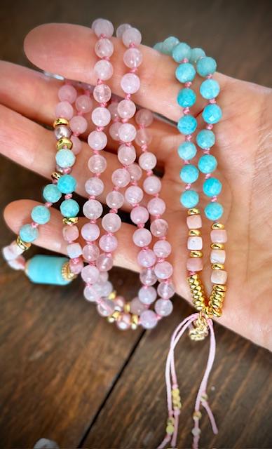 The Heart of Courage Rose Quartz Amazonite Pink Opal 108 Mala