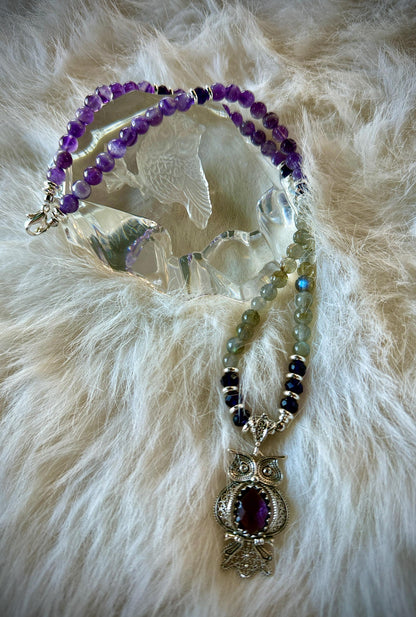 Amethyst Owl Necklace, Labradorite Gemstone, Sterling Silver