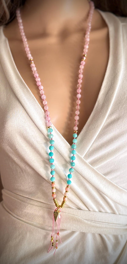 The Heart of Courage Rose Quartz Amazonite Pink Opal 108 Mala