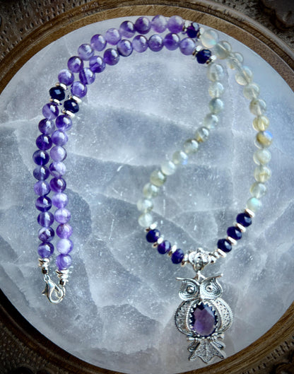 Amethyst Owl Necklace, Labradorite Gemstone, Sterling Silver