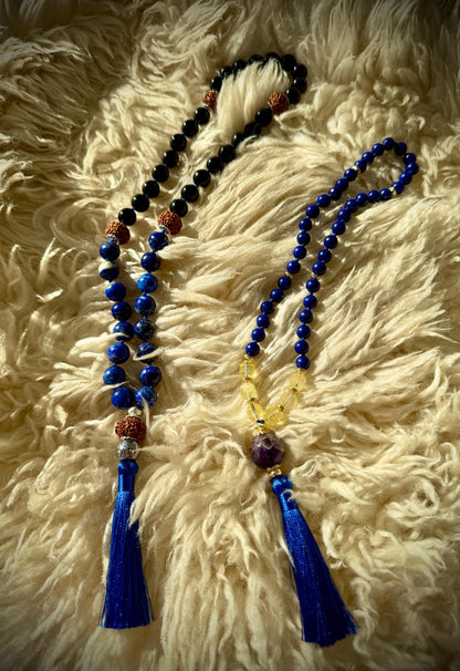 Sacred Codes 45 Bead japa Mala Lapis Lazuli  Citrine Dreamy Amethyst with Gold Accents