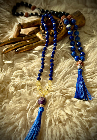 Sacred Codes 45 Bead japa Mala Lapis Lazuli  Citrine Dreamy Amethyst with Gold Accents